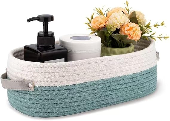 Handmade Cotton Rope Storage Basket with Leather Handles - Nordic Style for Home, Toys Nursery Decor, Skin Care & Desktop Organizer, Small Basket for Storage, Bathroom, Nursery (Mint)