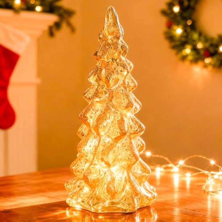 10in Tall Mercury Glass Christmas Tree Gold Glass Christmas Trees Collectible Figurines with Led Indoor Table Centerpiece Decorations Mantel Gift