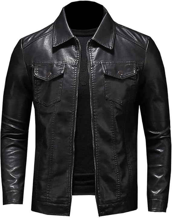 TIPTOP Men's Motorcycle Leather Jacket Large Size Pocket Black Zipper Lapel Slim Fit Shirt Style Leather coat (as1, alpha, m, regular, regular)