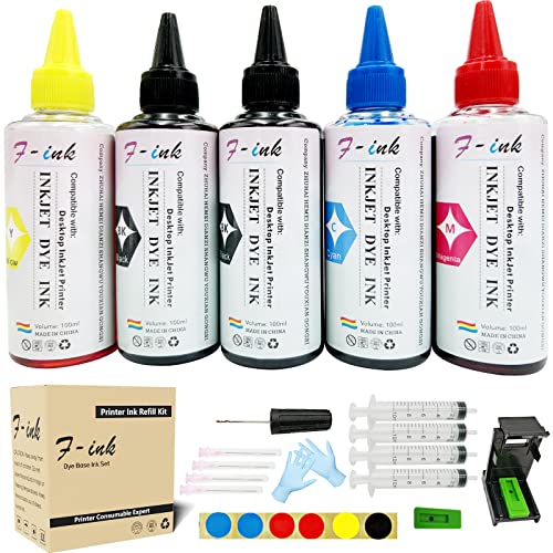Fink 5 Bottles Ink and Ink Refill Kits Compatible with Hp Inkjet Ink Cartridges 68 68XL 67XL 662XL 664XL 60XL 61XL 62XL 63XL 64XL 65XL 92XL 94XL 901XL- with Ink Refill Tools