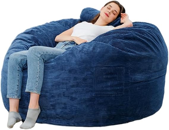 Bean Bag Chairs for Teens Adults, Stuffed Animal Storage Bean Bag Chair Cover, Corduroy Fabric Full Texture Rounded Plump, Lazy Beanbag (No Filler),Blue,3XL