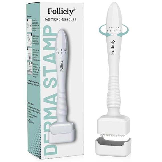 Follicly Derma Stamp Professional Microneedling Tool for Hair, Beard, and Skin Care 140 Titanium Micro Needle Stamp for Home Use for Men & Women
