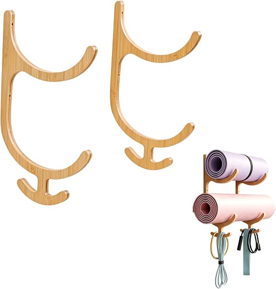Wooden Yoga Mat Holder Wall Mount with 4 Hooks