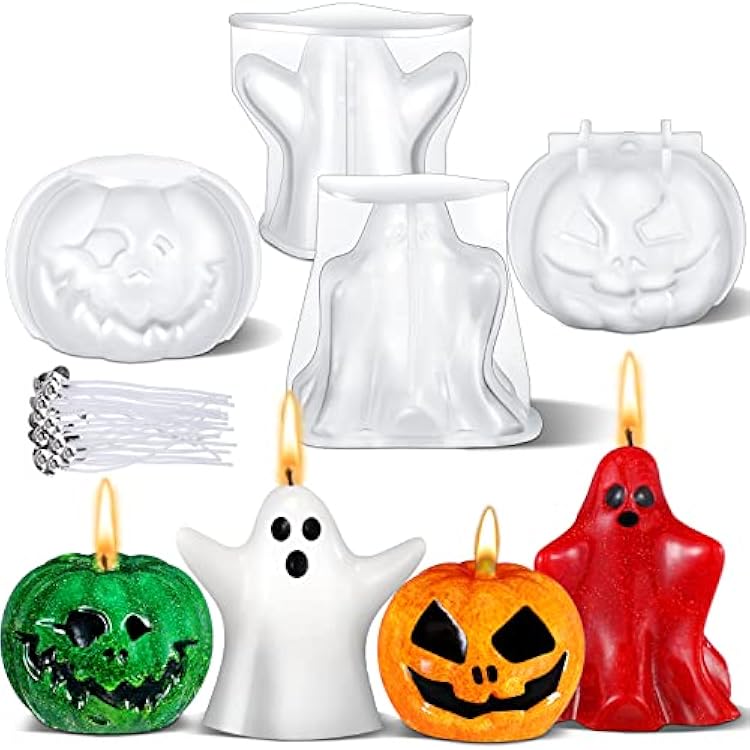 Nuogo 4 Pieces Halloween Candle Molds 3D Halloween Ghost Pumpkin Silicone Molds with 20 Wick for Resin Casting Aromatherapy Candle Soap Making Home Art Crafts Decor