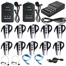 EXMAX 9999 Channels Wireless Tour Guide System Church Translation 2.4G Audio Voice Transmission for Training Teaching Tour Guide Exhibition Presentations-2 Transmitters 10 Receivers + Charger Base