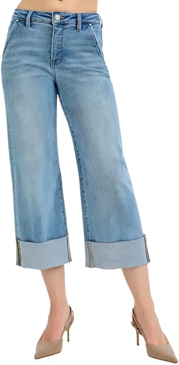 Risen Tummy Control High Rise Cuffed Jeans- Ivory Gem