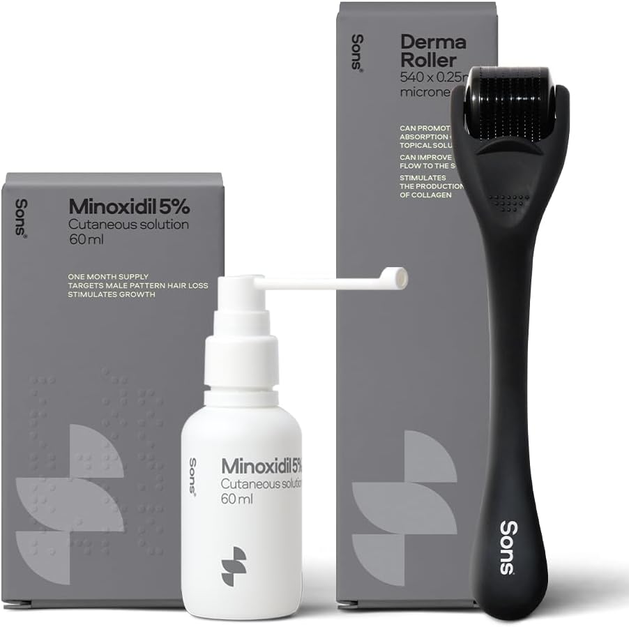 Sons Minoxidil 5% Spray 1x60ml & 0.25mm Dermaroller for Men, Clinically Proven Hair Regrowth Formula, Hair Loss Treatment, Stimulates Follicles, Precise Applicator, Microneedling Boosts Absorption