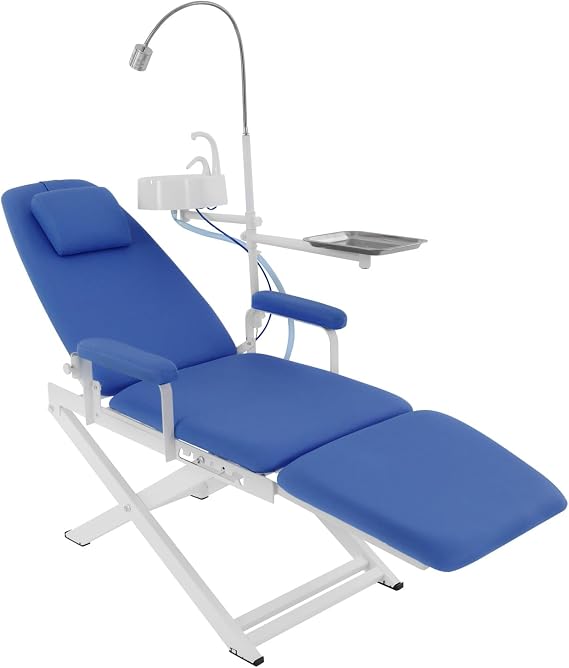 Portable Folding Mobile Chair, Dental Chair with 360 Rotated Arm,Led Lamp & Spittoon,Four Gears Adjustable Back Plate Tilt Angle for Clinic & Home Use. (Blue)