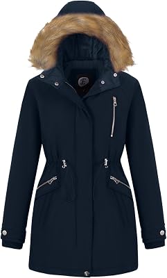 Womens Fur Hood Winter Parka Thicken Winter Jacket Coat Hooded Puffer Coat with Removable Fur Trim