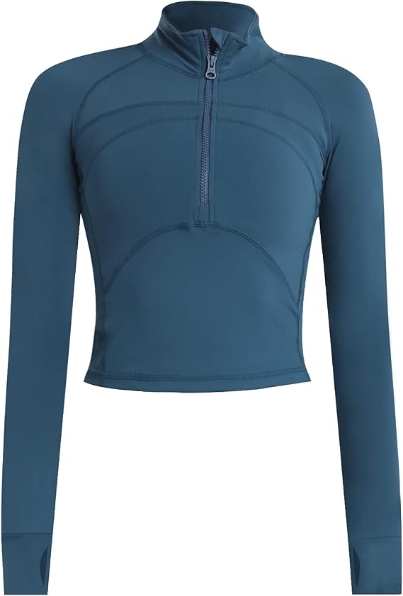 Women's Cropped Workout Jacket 1/2 Zip Pullover Running Athletic Outwear Slim Fit Long Sleeve Yoga Top