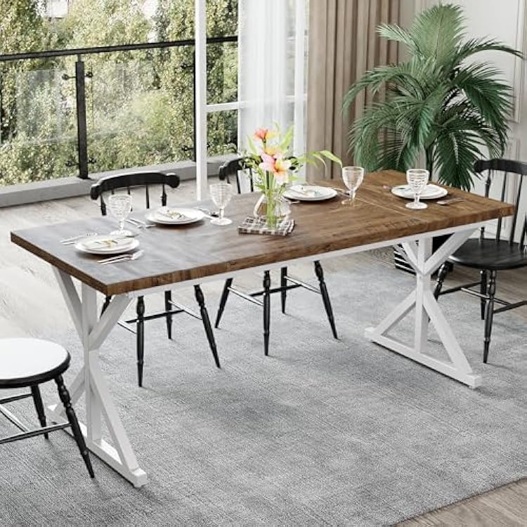 Farmhouse Dining Table for 6-8 People, 70.8 Inch Rectangular Wood Dining Table, Rustic Kitchen Table with Extra Heavy Duty Metal Legs for Dining Room - Rustic OakWhite