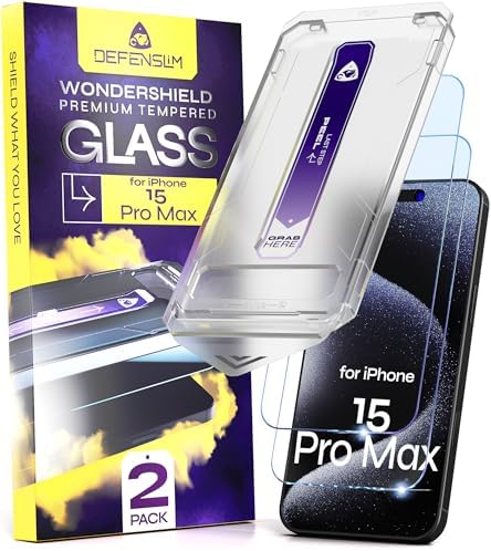 Defenslim for iPhone 15 PRO MAX Screen Protector 2Pack, Easy Auto-Dust & Align Install Kit, 6.7 Tempered Glass, 9H Hardness, Ultra HD Clear, Case Friendly, WonderShield
