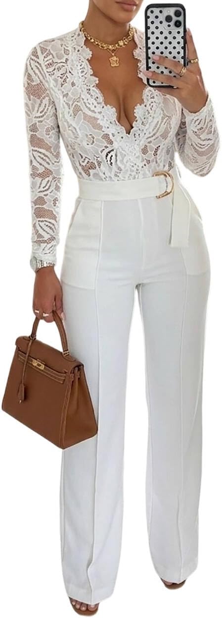 CHICME Womens Floral Lace Jumpsuit Deep V Neck Ovearalls with Belt | Long Sleeve Zipper Back Jumpsuit, Side Pockets with Matching Belt, Daily, Casual, Vacation Wear
