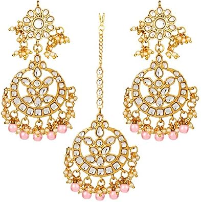 Aheli Indian Traditional Wedding Faux Kundan Beads and Pearls Chandbali Earrings Maang Tikka Earrings Set Ethnic Bollywood Jewelry Set Gift for Women