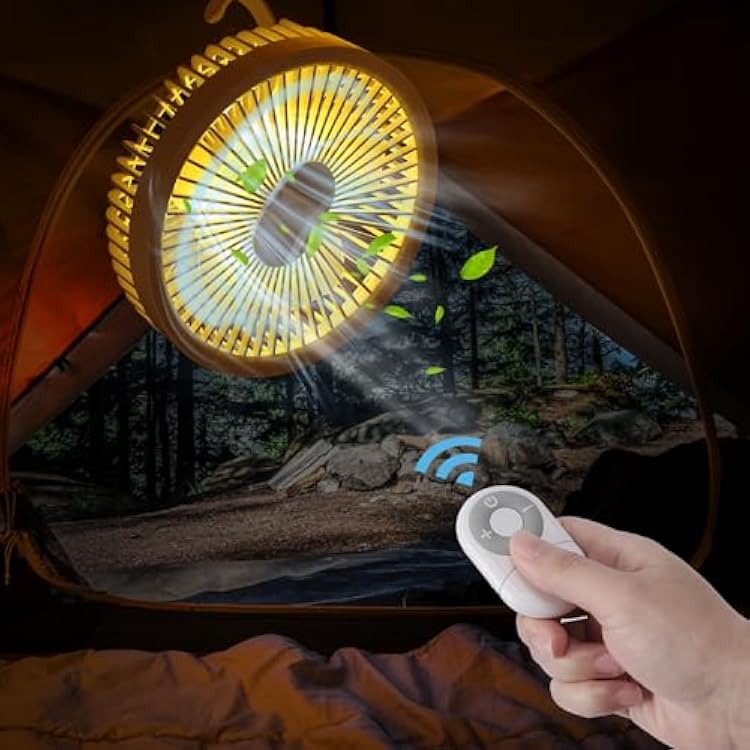 Camping Fans for Tents,Camping Fan with Light,Camp Fan for Tent, Personal USB Desk Fan Rechargeable Remote Control White Fan, 7 Inch Portable Outdoor Small Hanging