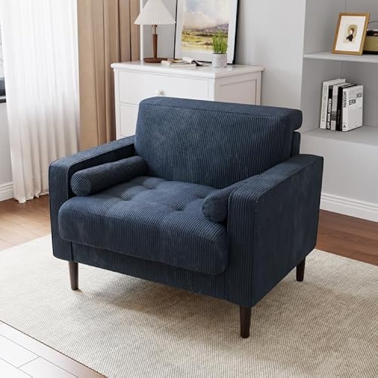 34.5 Arm Chair, Corduroy Fabric Modern Accent Chair, Comfy Upholstered Armchair Reading Chair with Solid Wood Legs for Living Room Bedroom Office, Navy Blue