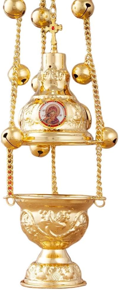 Orthodox Hanging Censer, Zinc Alloy Gold-Plated Church Incense Burner with Bells, Traditional Thurible for Home Prayer, Church Liturgies and Religious Rituals
