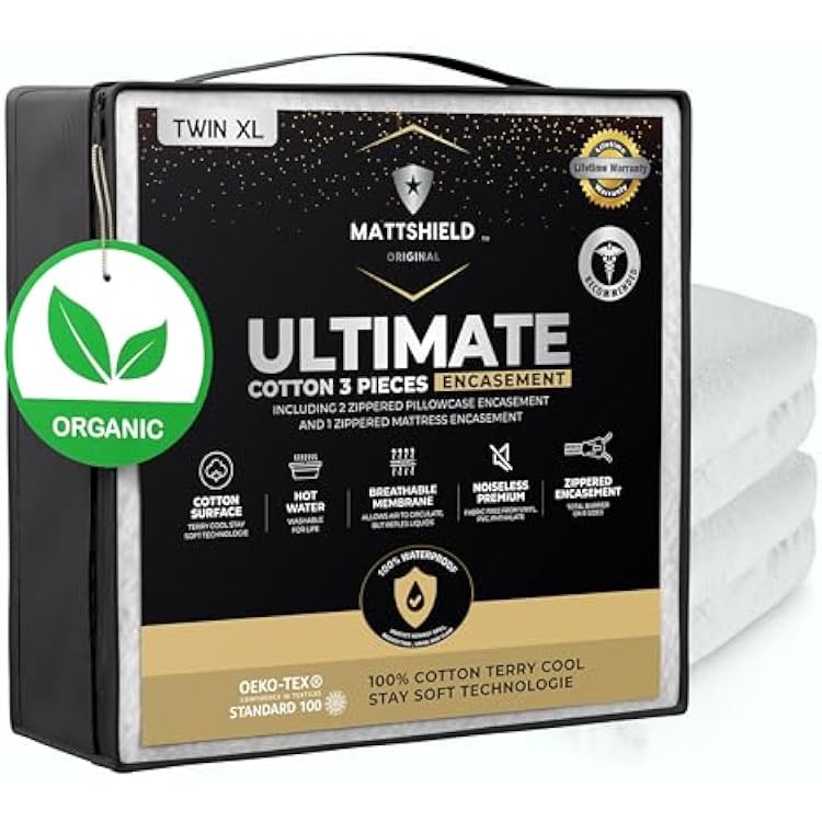 MATTSHIELD Ultimate Sensitive Skin 3-Piece Kit Twin XL Size Bed Bug Mattress Protector  2 Zippered Pillow Covers Organic Cotton Terry Top Waterproof 6-Sided Encasement, Soft & Breathable