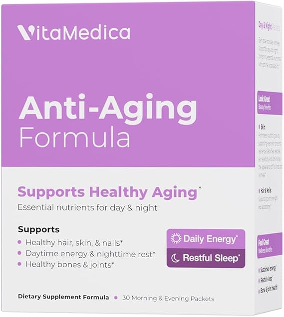 VitaMedica Anti-Aging Formula AM/PM Multivitamin Packets for Women & Men Supports Radiant Skin, Hair & Nails, Daytime Energy + Nighttime Recovery 30 Packs
