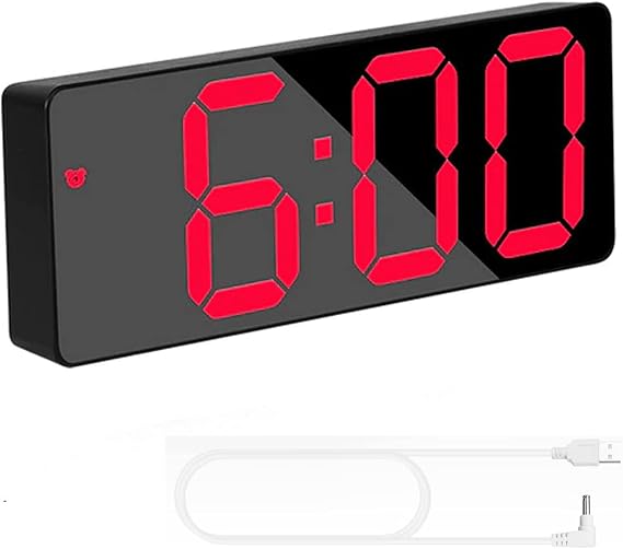 TriLine LED Digital Desk Clock, Bedside Acrylic/Mirror Large Screen Alarm Voice Control Snooze Time Date Temperature Display Night Mode (Red Numbers)
