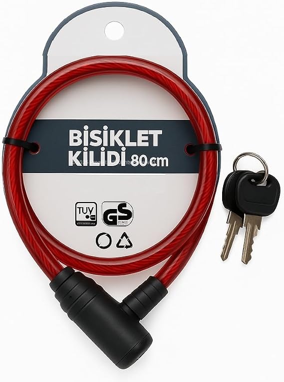 Yedek Anahtarlı Bisiklet Kilidi, Çelik Halatlı, PVC Kaplamalı Dayanıklı Kilit, Motor, Bebek Arabası ve Seyyar Araba İçin Uygun Güvenlik Kilidi (80 CM)
