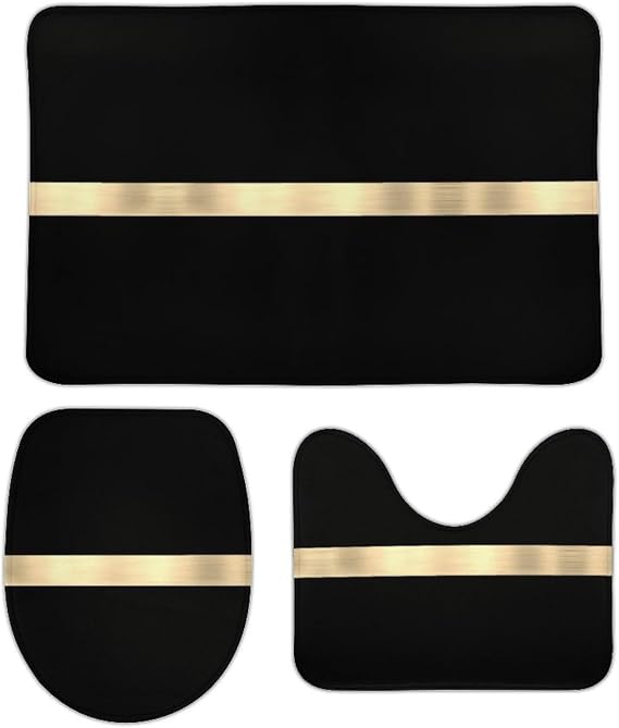 Bathroom Rugs Set 3 Piece Gold Stripe on Black Bath Rug Mat Set, Non Slip Absorbent Bathroom Decor Mat, Toilet Lid Cover & U Shaped Contour Rug