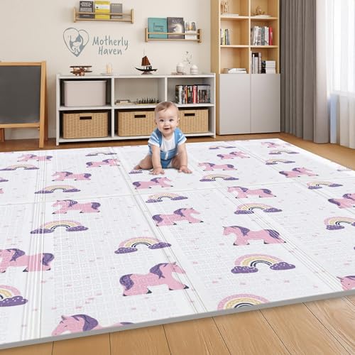 Motherly Haven 79x71 Foldable Baby Play Mat for Floor, Extra Large Reversible Foam Play Mat for Babies 6-12 Months, Waterproof Portable Foam PlayMat for Tummy Time for Toddler - Unicorn and Clouds