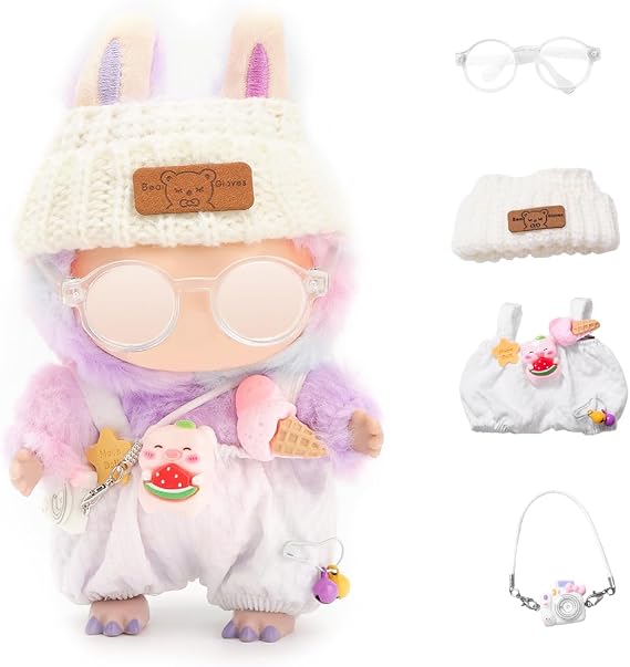 WALLFID 4-Piece Mini Outfit Set for 17cm Collectible Plush Figures, White Hat, Overalls, Glasses and Shoulder Bag Accessories, Display Styling Clothing for Adult Collectors, Figure Not Included