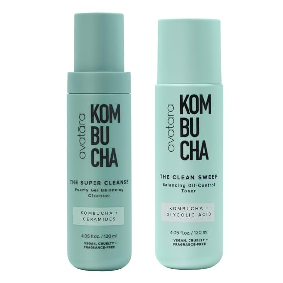 Avatara - Kombucha Cleansing Duo, The Super Cleanse Face Wash + The Clean Sweep Face Toner, Natural Skin-Balancing Cleanser and Face Exfoliator, Hydrating Skincare for Teens, Women, and Men