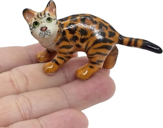 WitnyStore Tiny 2" Long Bengal Cat Cat Standing Look Right Figurine - Miniature Hand Made Painted Ceramic Cats Kitten Feline Animal Cute Porcelain Decorative Collectible Figurines Decor Gifts
