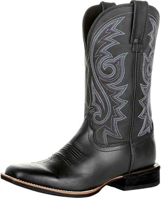 femflame Cowboy Boots for Men Square Toe Leather Embroidered Western Boots Classic Durable Rodeo Work Distressed Country Boots