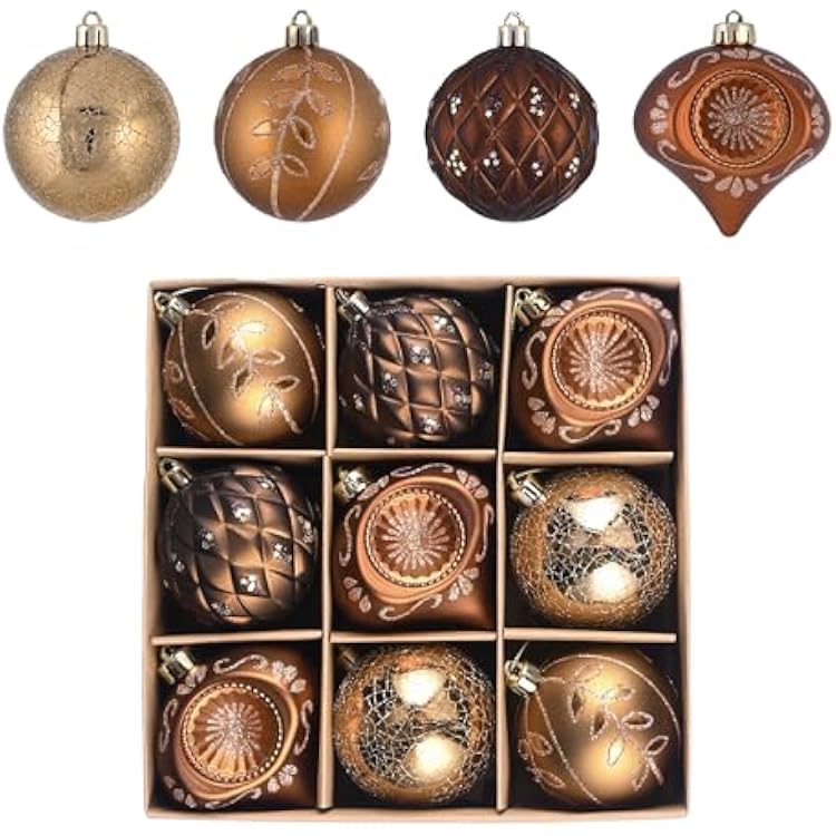 Valery Madelyn Christmas Ball Ornaments, 9ct 2.76 Inches Bronze Copper Brown Gold Shatterproof Christmas Tree Decorations Set, Luxury Hanging Ornaments for Xmas Holiday Party Decor