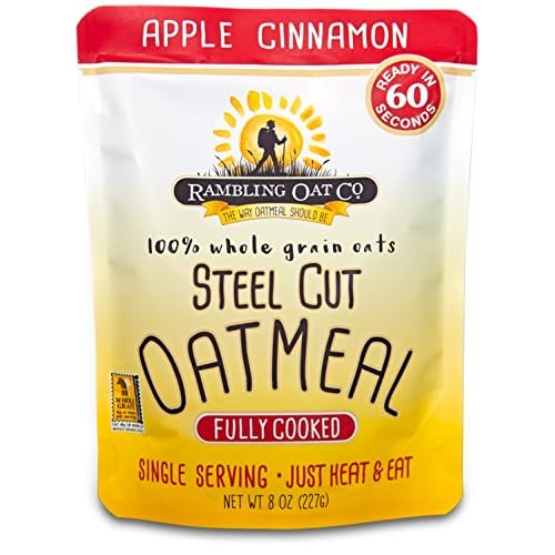 Rambling Oat Company Fully Cooked Steel Cut Oatmeal 8 Pouches - Heat and Eat - Instant Breakfast Packets Apple Cinnamon