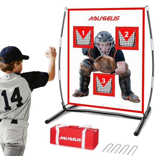 Baseball & Softball Pitching Net,3 Pocket Baseball and Softball Pitching Strike Zone Target Net, with Realistic Catcher for Accuracy Training