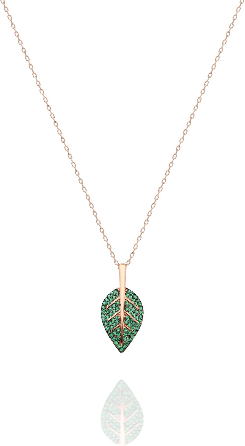 NEREZE 925 Sterling Silver Green Leaf Necklace Womens Silver Necklace