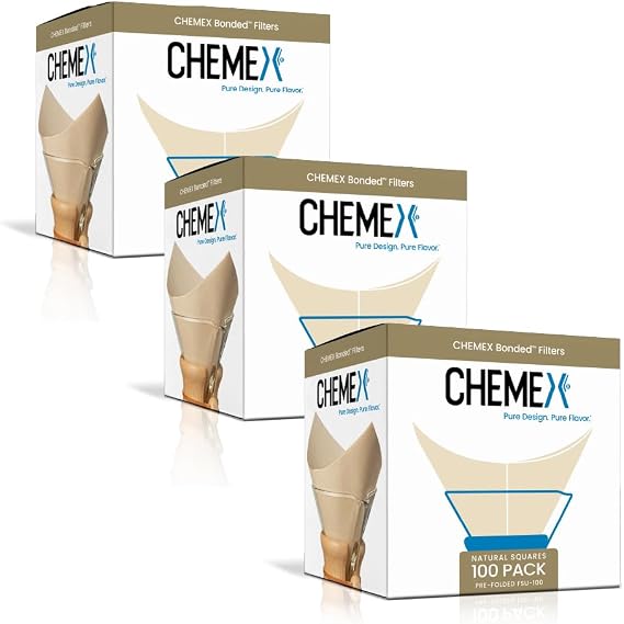 Chemex Natural Coffee Filters, Square, 100 Count 3 Pack, Pour Over Filter