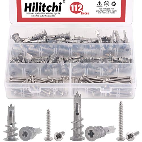 Hilitchi 112-Pieces Large Small Zinc Self Drilling DrywallHollow-Wall Anchor Assortment Kit