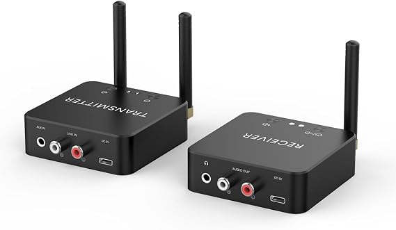 5.8GHz&5.2GHz Dual-Band Wireless Audio Transmitter Receiver for TV/PC, 160ft Long Range 0.018s Low Latency with Built-in 2.4G Bluetooth 5.3 Receiver, Wireless Adapter Kit with RCA(3.5mm) Out/Input
