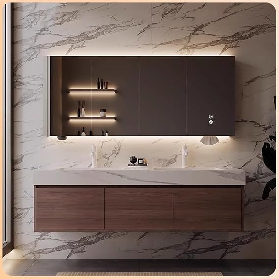 60" Bathroom Vanity, Floating Bathroom Vanity with Double Sink, with Smart LED Defog Mirror, Fully Pre-Assembled, Ceramic Sink, Modern Wall-Mounted, with Medicine Cabinet, Ample Storage