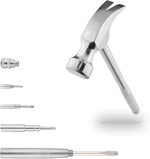 Mini Metal Hammer 6 in 1 with Slotted/Flat Head Phillips Screwdriver Claw Hammer Manual, Portable Multifunction Tool Hammer (Silver)