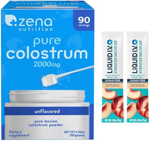 Ze_Na Pure Colostrum 2000mg Unflavored Bovine Colostrum Powder Dietary Supplement for Immune and Gut Health (6.34 oz, 90 Servings) Bonus 2 Sugar Free White Peach Hydration Sticks