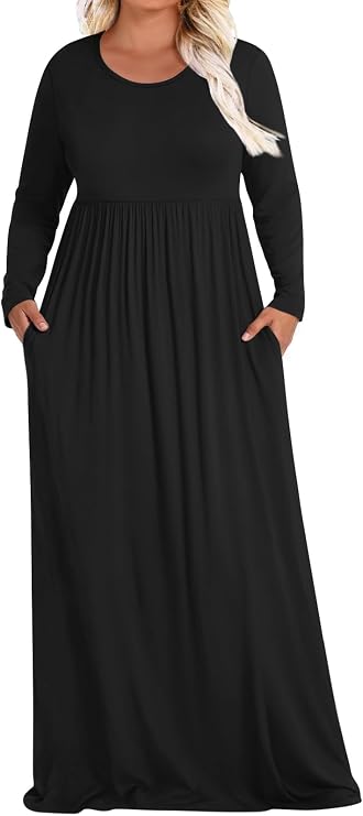 POPYOUNG Womens Plus Size Maxi Dresses Curvy Long Sleeve Fall Dress Outfits | Long Dress | Church | Casual | Maternity | Flowy | Loose Fit | Pockets| Teacher | Winter Dress | Vacation