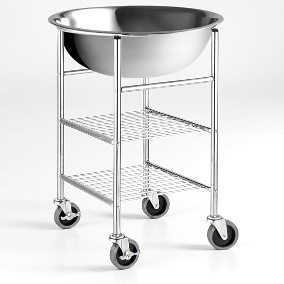 30 Qt. Stainless Steel Mixing Bowl and Stand Kit Heavy Duty Commercial Mixing Bowl with Mobile Stand, Dual Shelves, and Locking Casters for Kitchen or Bakery Use