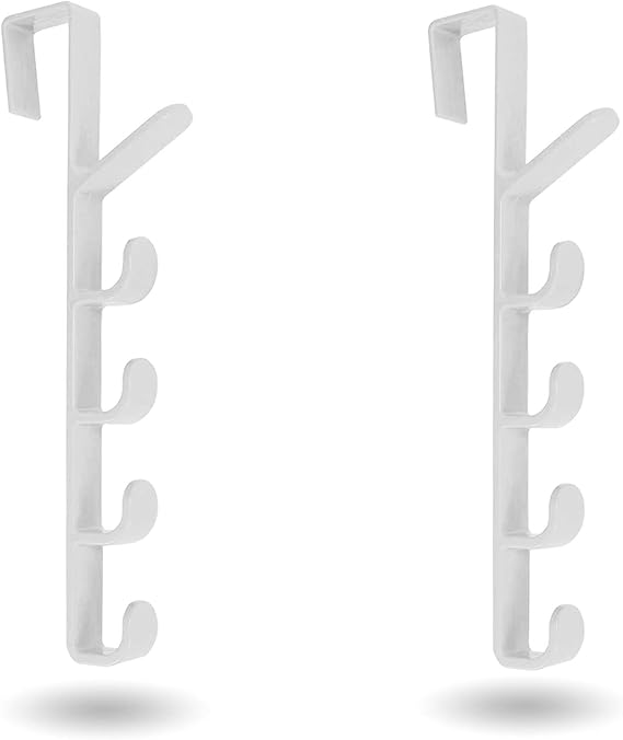 Mighty Tidy Home] 2-Pack Over The Door Hook Hanger | 5-Hook Heavy-Duty Organizer Rack for Coats, Hats, Robes, Shirts, Belts, Bags, Towels, Closet and Bathroom (2-Pack in White)