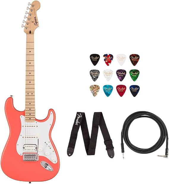 Squire Sonic Stratocaster Electric Guitar, Tahitian Coral, Maple Fingerboard, White Pickguard Bundle with Fender Logo Guitar Strap Black, Fender 12-Pack Celluloid Picks, and Gator Guitar Stand
