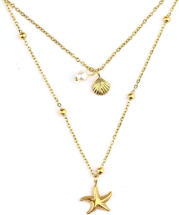 2PCS Gold Shell Necklace for Women,Summer Outfits Seashell Starfish Stackable Pendant Necklace,Adjustable Layered Sea Shell Charm Necklaces Beach Vacation Essentials Holiday Jewelry