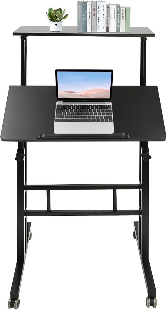 Adjustable Mobile Stand-Up Desk with Dual Desktops, Ergonomic Tilt, and Rolling Wheels,Height Adjustable Computer Workstation, Black