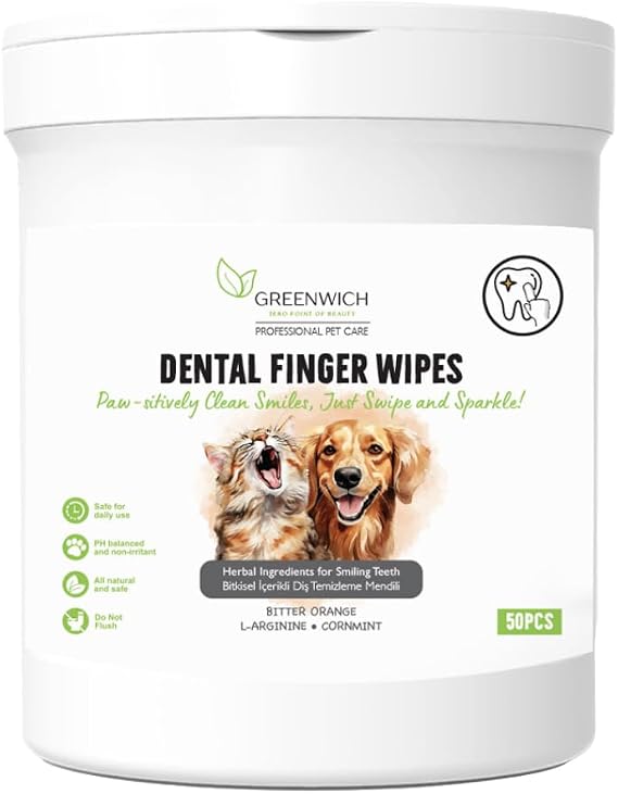 Greenwich Bitkisel İçerikli Kedi Köpek Diş Mendili 50 Adet | Tartar, Ağız Kokusu Giderici | Diş Beyazlatıcı | Parmak Mendil | Vegan