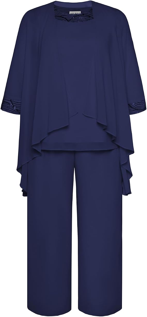 Hanna Nikole Plus Size Mother of The Bride Pant Suits 3 Piece Chiffon Sets Wedding Guest Gowns Formal Outfits with Jacket