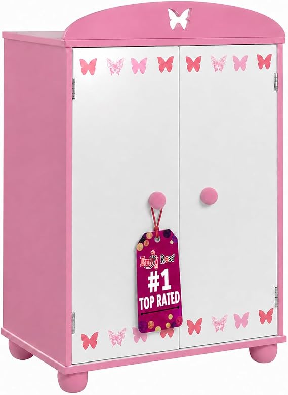 Emily Rose 18 Inch Doll Clothes Storage Closet w/5 Notched Hangers - Pink | USA Brand - Butterfly Collection 18 Doll Bedroom Furniture Premium Armoire Wardrobe Fits American Girl Clothes